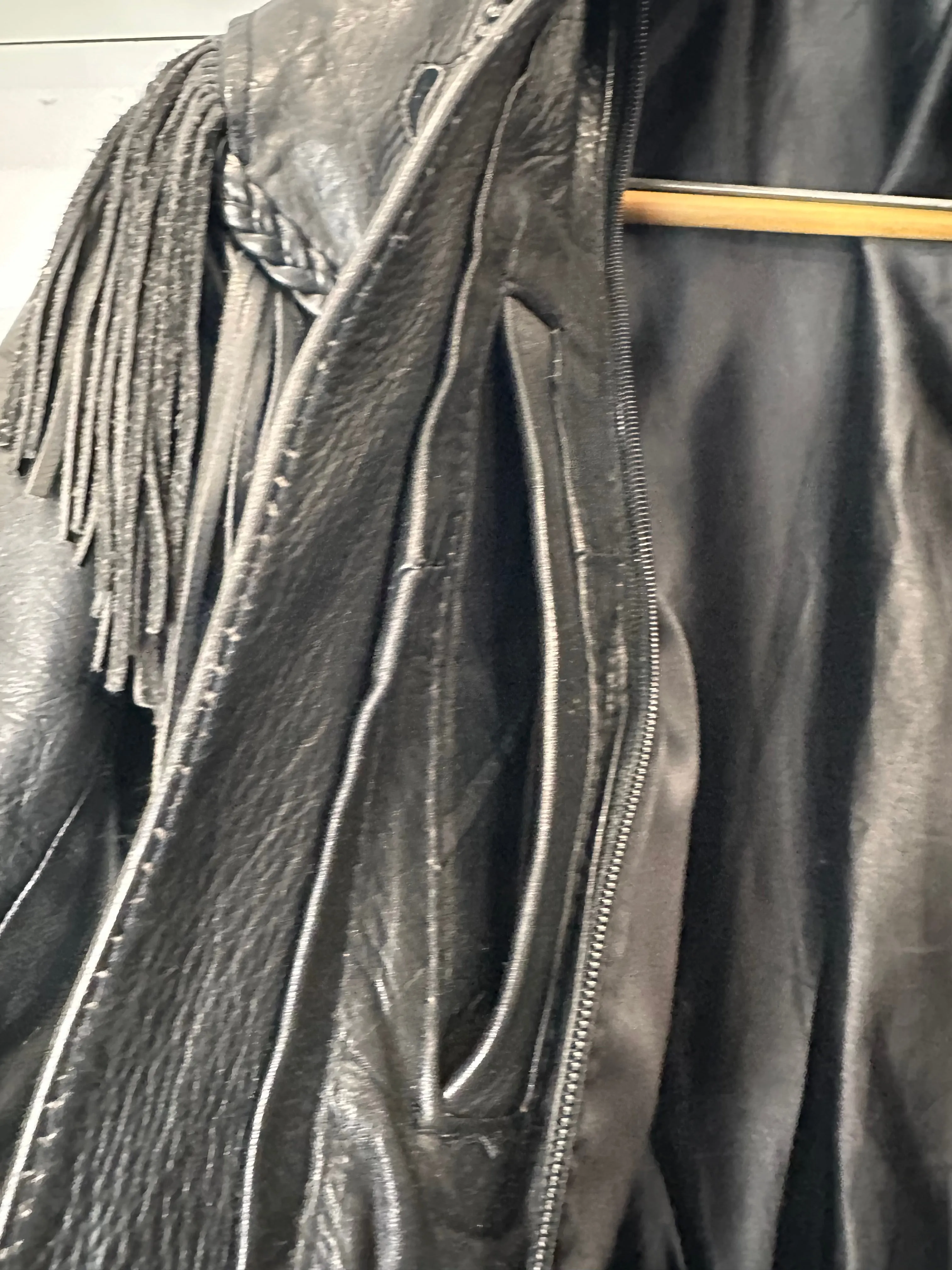 Black  Leather Motorcycle Jacket Rose Cut Tassel Small