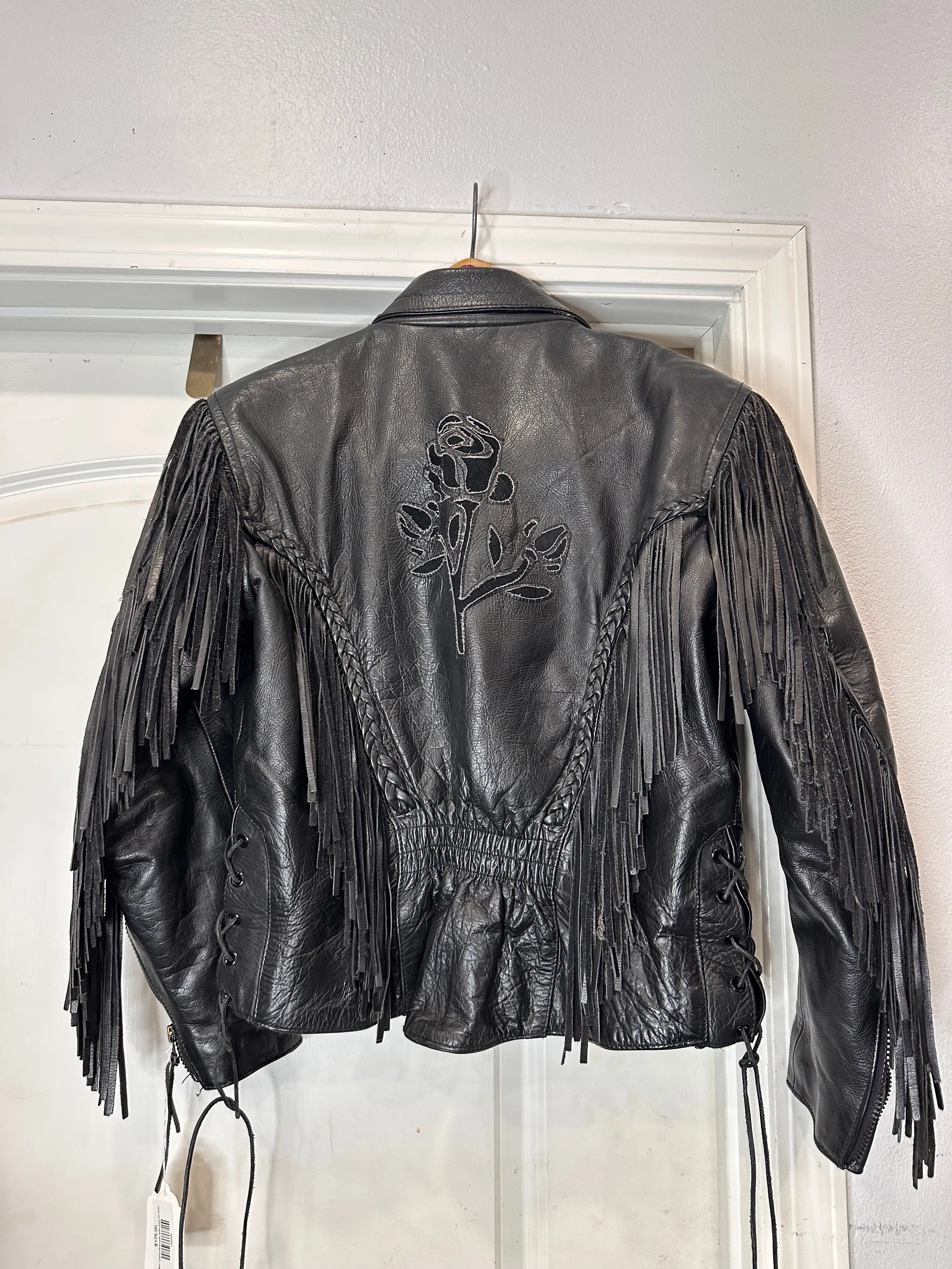 Black  Leather Motorcycle Jacket Rose Cut Tassel Small