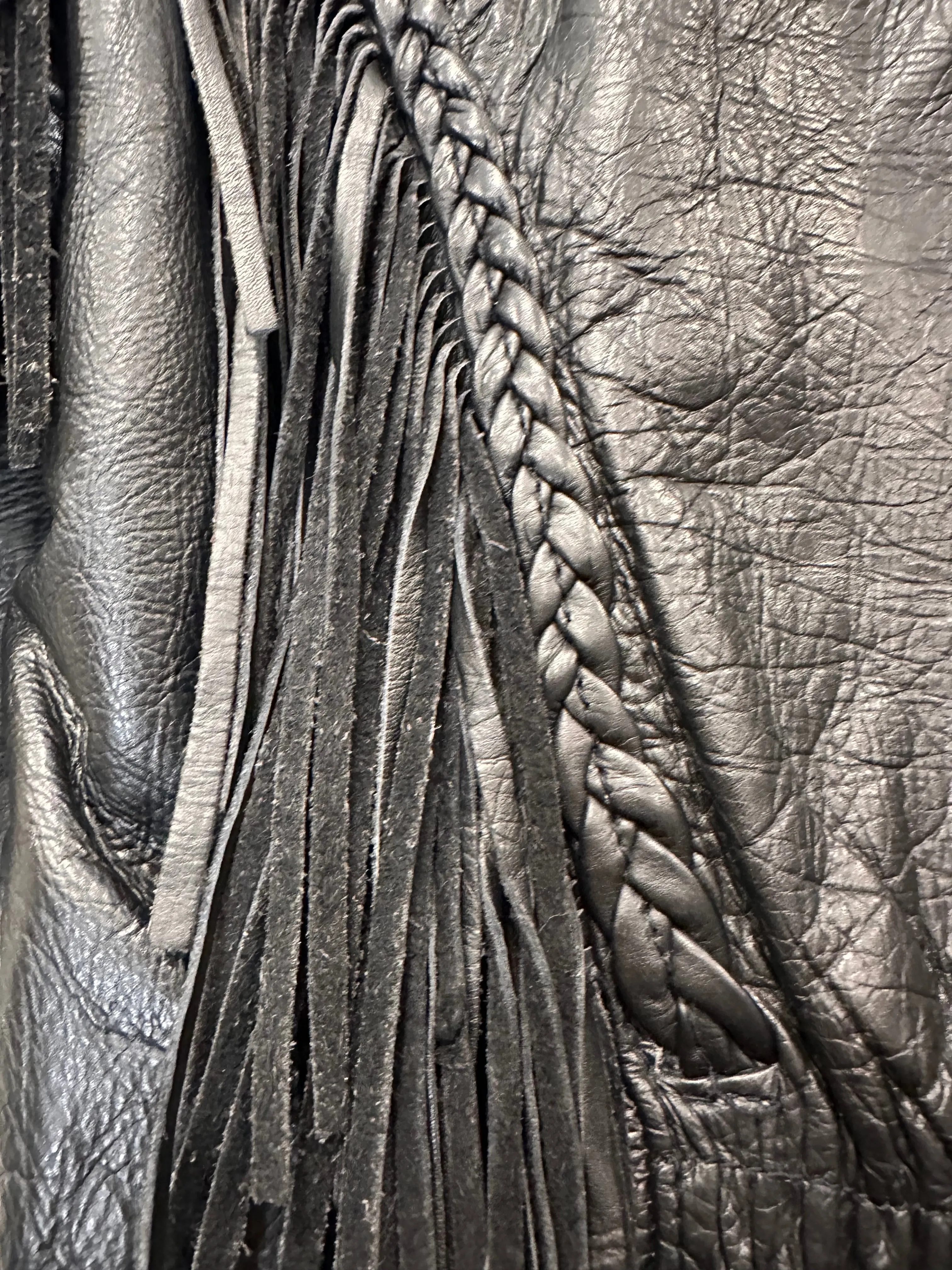Black  Leather Motorcycle Jacket Rose Cut Tassel Small