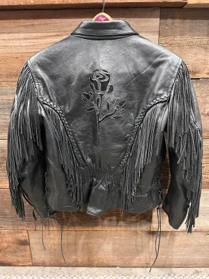 Black  Leather Motorcycle Jacket Rose Cut Tassel Small