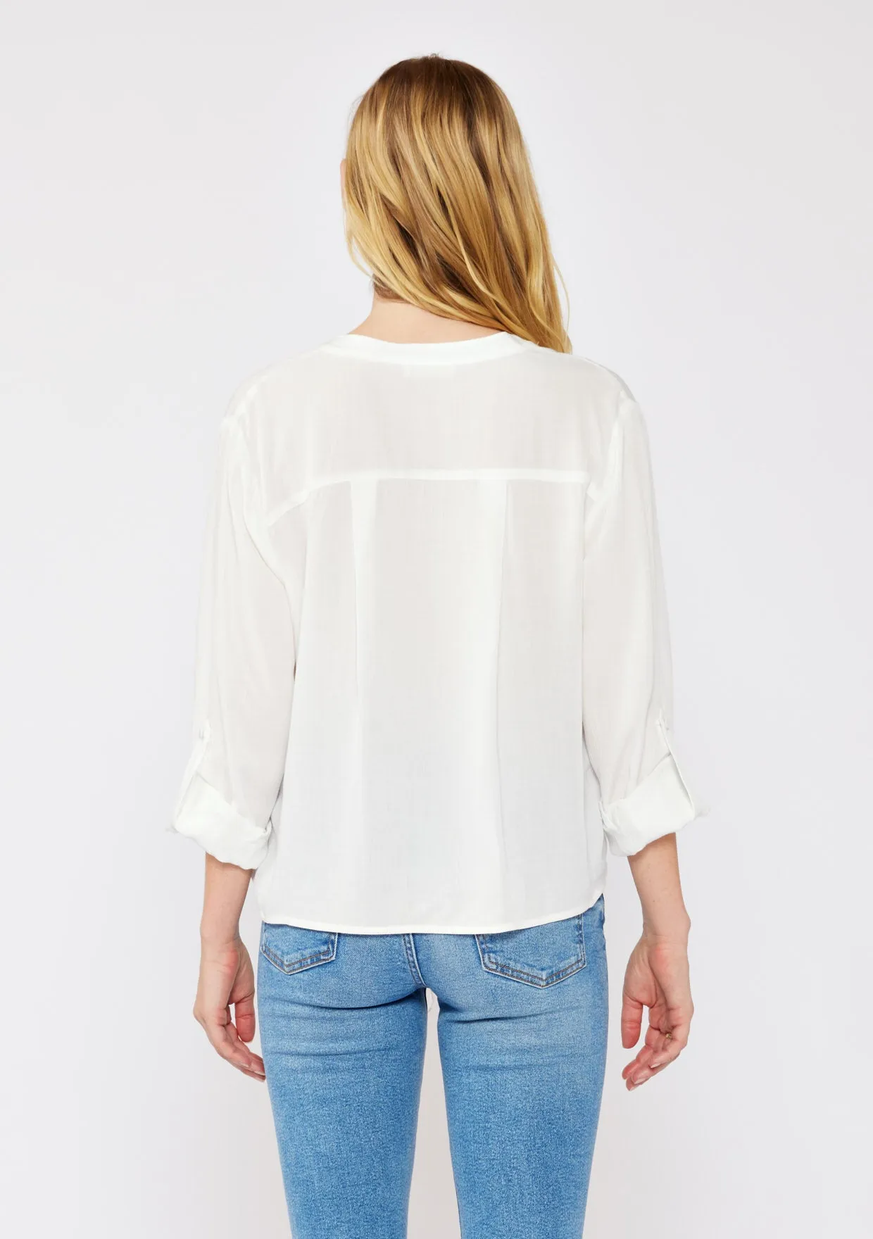 Black Long Sleeve Split Neck Tie Front Top