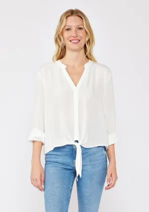 Black Long Sleeve Split Neck Tie Front Top