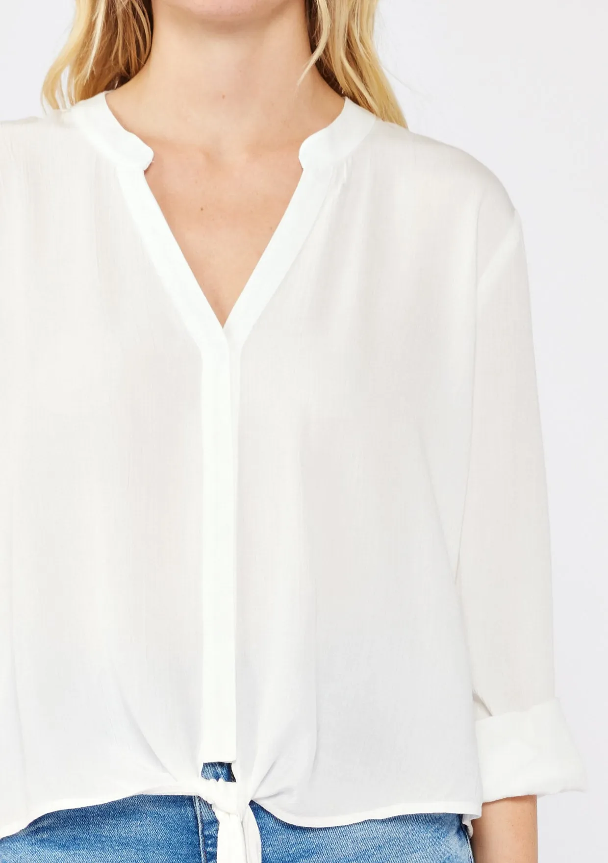 Black Long Sleeve Split Neck Tie Front Top