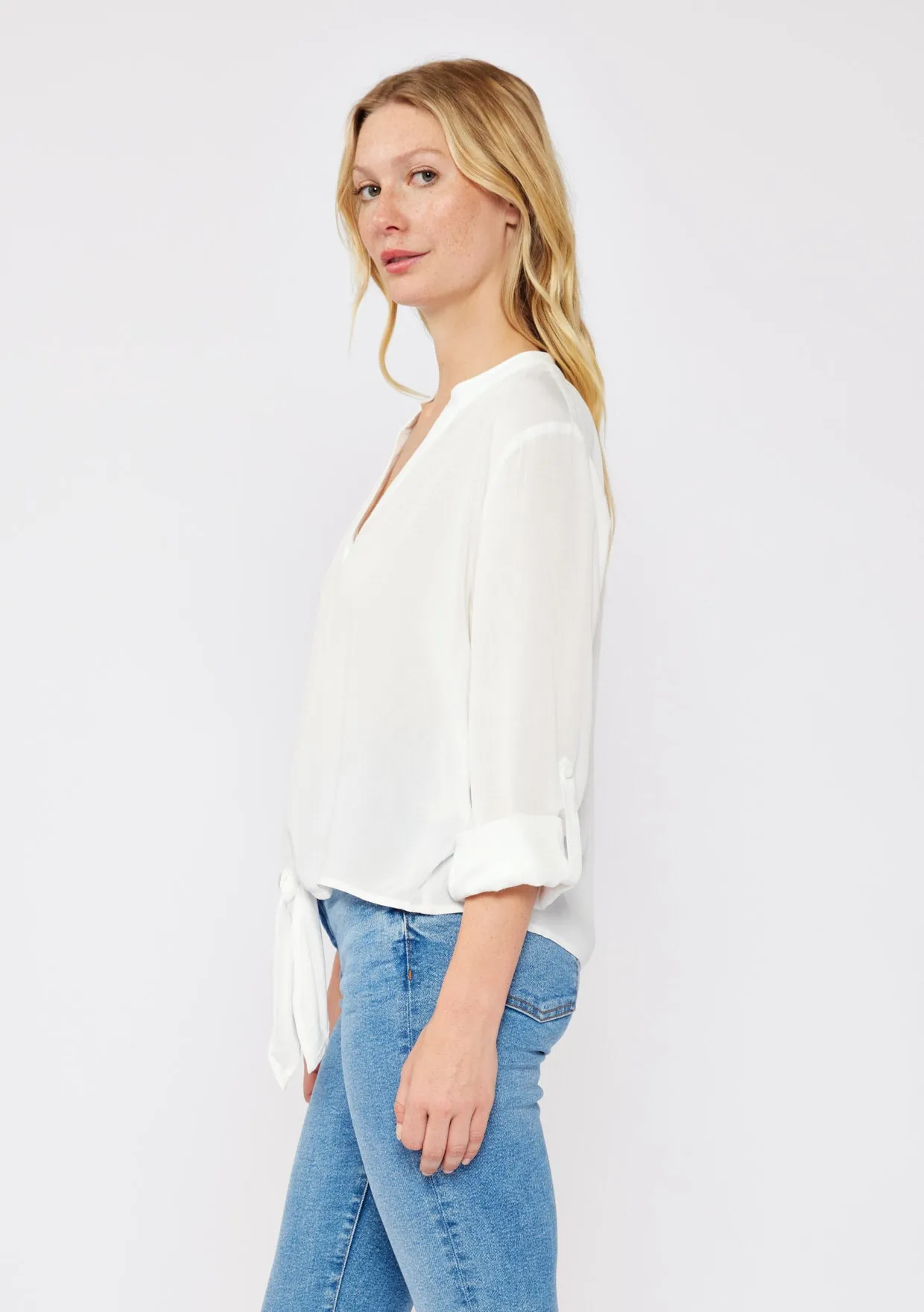 Black Long Sleeve Split Neck Tie Front Top