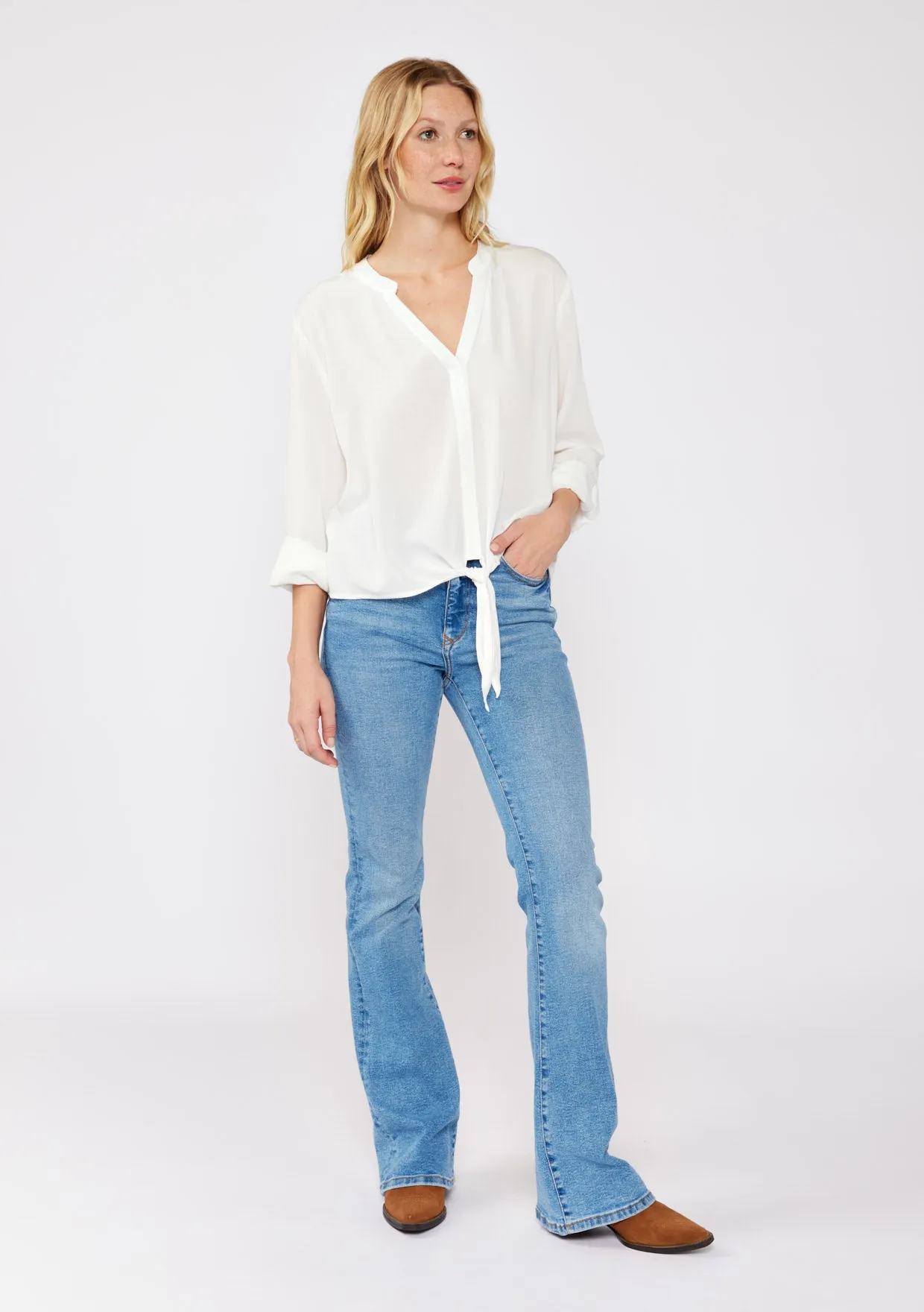 Black Long Sleeve Split Neck Tie Front Top