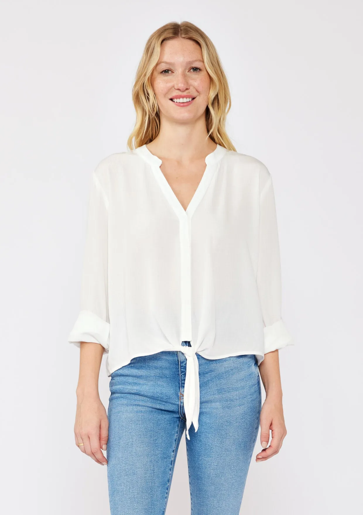Black Long Sleeve Split Neck Tie Front Top