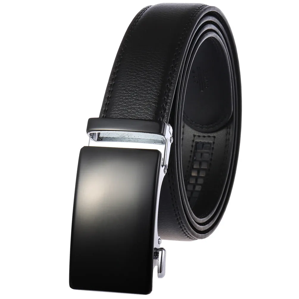 Black Mens Adjustable Ratchet Slide Buckle Belt - Genuine Leather Automatic Belt with No Holes