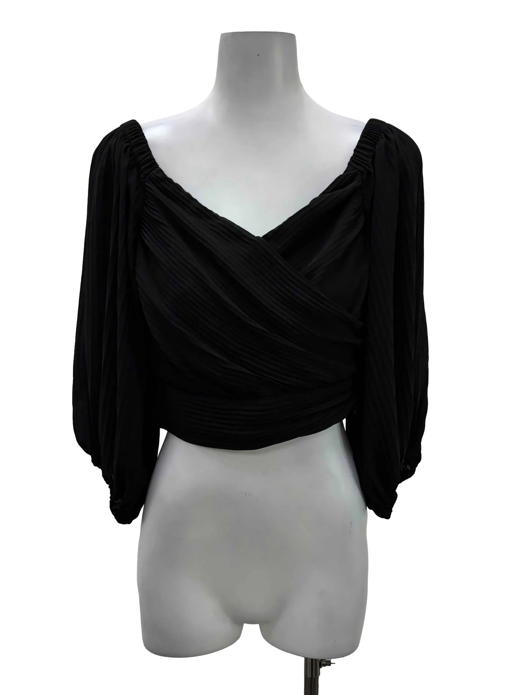 Black Pleated V-Neck Blouse