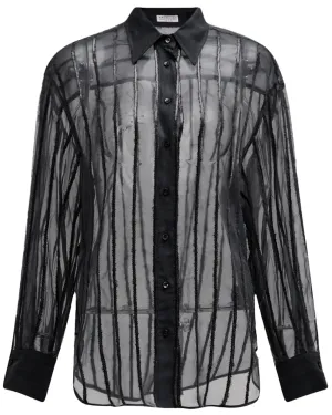 Black Sequin Stripe Chiffon Button Up Shirt