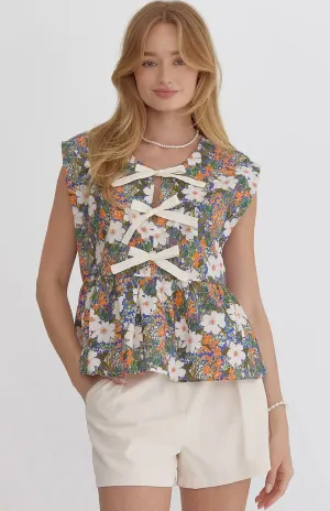 Blue Bow Floral Top