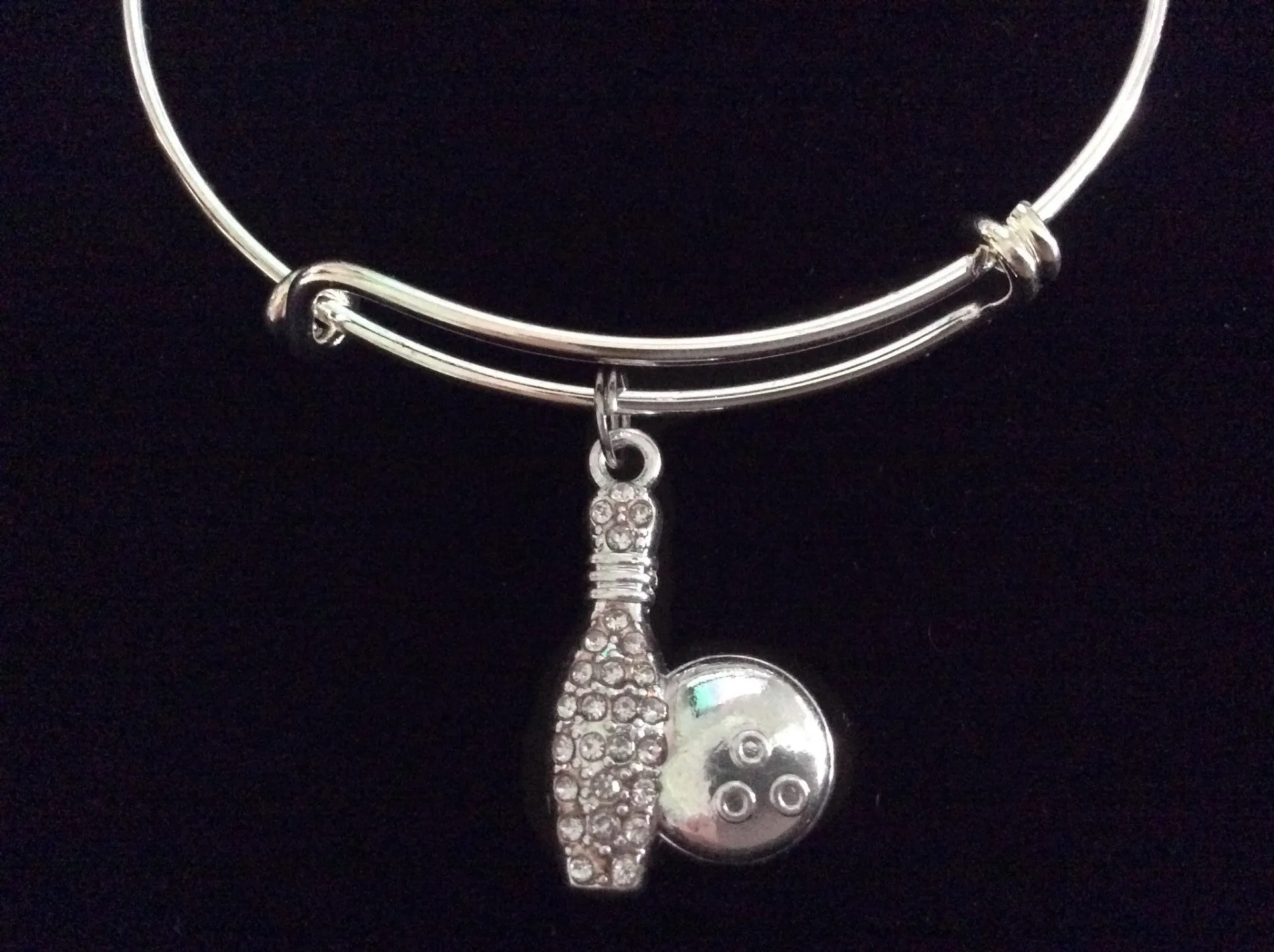 Bowling Ball and Pin Rhinestone Expandable Charm Bracelet Adjustable Bangle League Gift