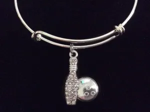 Bowling Ball and Pin Rhinestone Expandable Charm Bracelet Adjustable Bangle League Gift