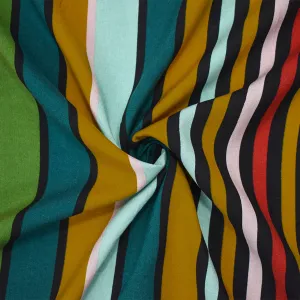 Brown-Green-Multi Rayon Stripe Printed Challis Woven Fabric