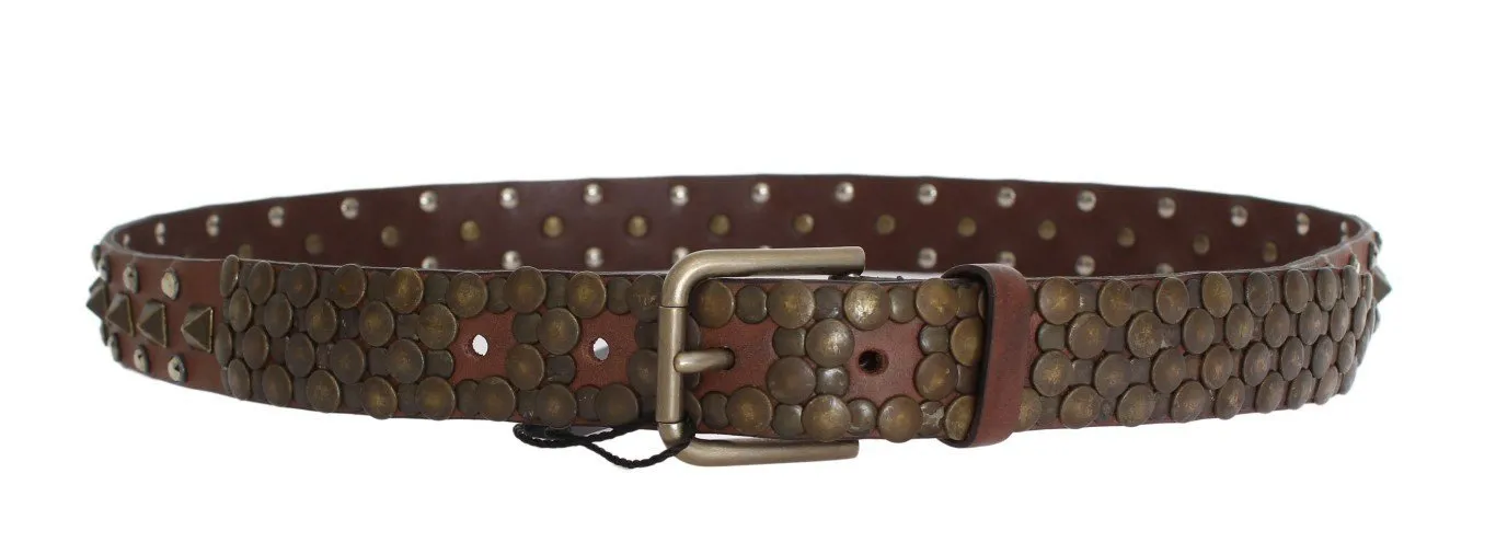 Brown Leather Gold Buckle Studded Belt