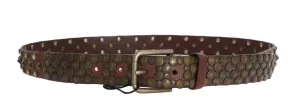 Brown Leather Gold Buckle Studded Belt