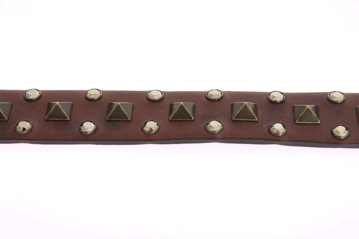 Brown Leather Gold Buckle Studded Belt