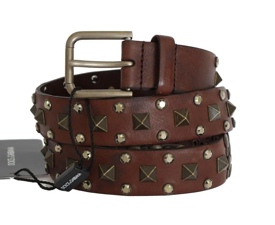 Brown Leather Gold Buckle Studded Belt
