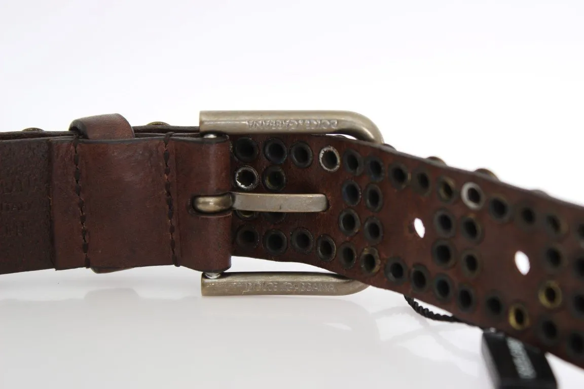 Brown Leather Gold Buckle Studded Belt
