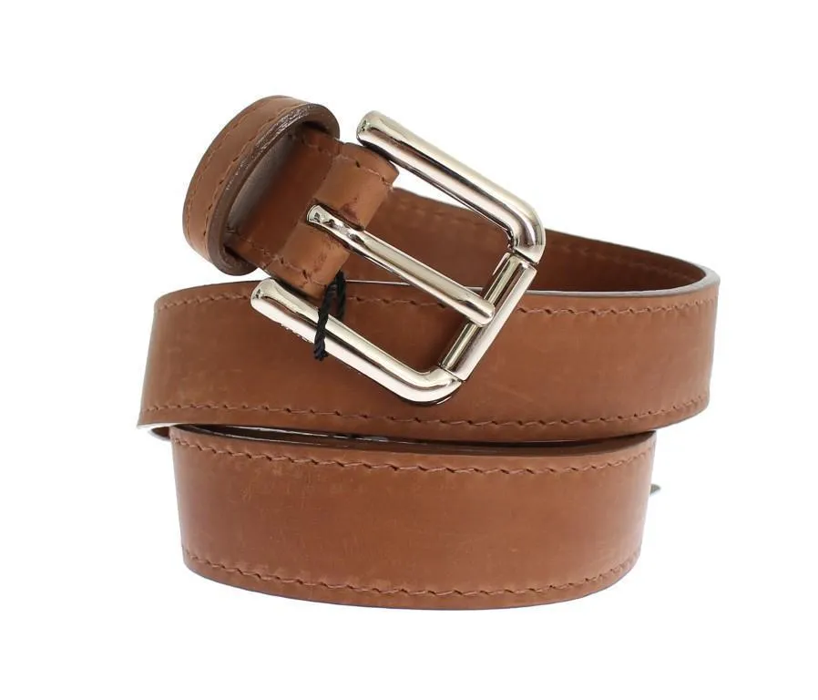 Brown Leather Silver Buckle Logo Wide Belt