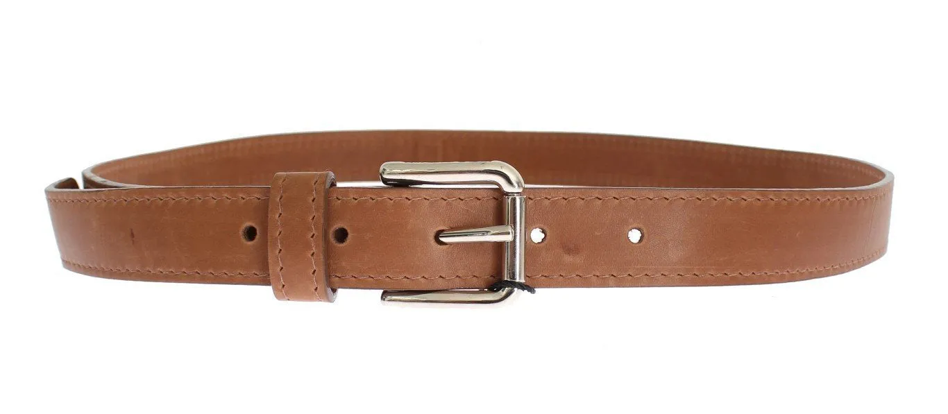 Brown Leather Silver Buckle Logo Wide Belt