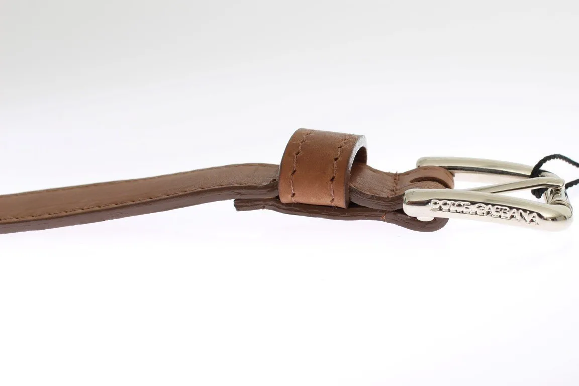 Brown Leather Silver Buckle Logo Wide Belt