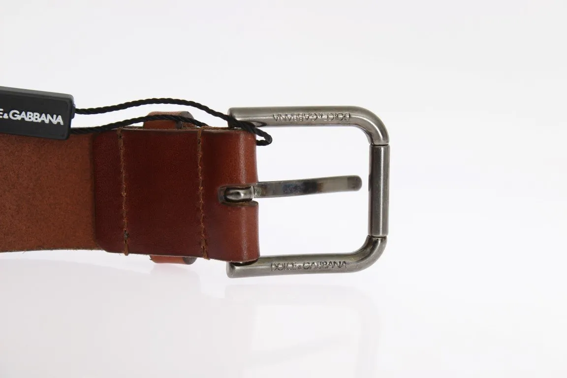 Brown Leather Silver Buckle Studded Belt