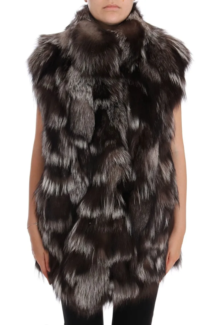 Brown White Silver Fox Fur Sleeveless Jacket