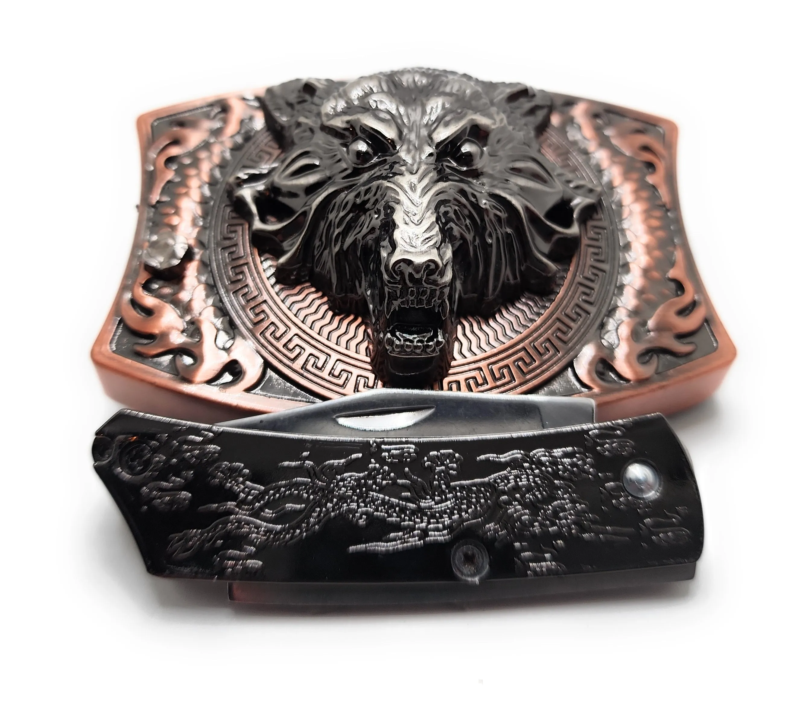 Brushed Copper Wolf Head Folding Knife Belt Buckle Push-Button-Release