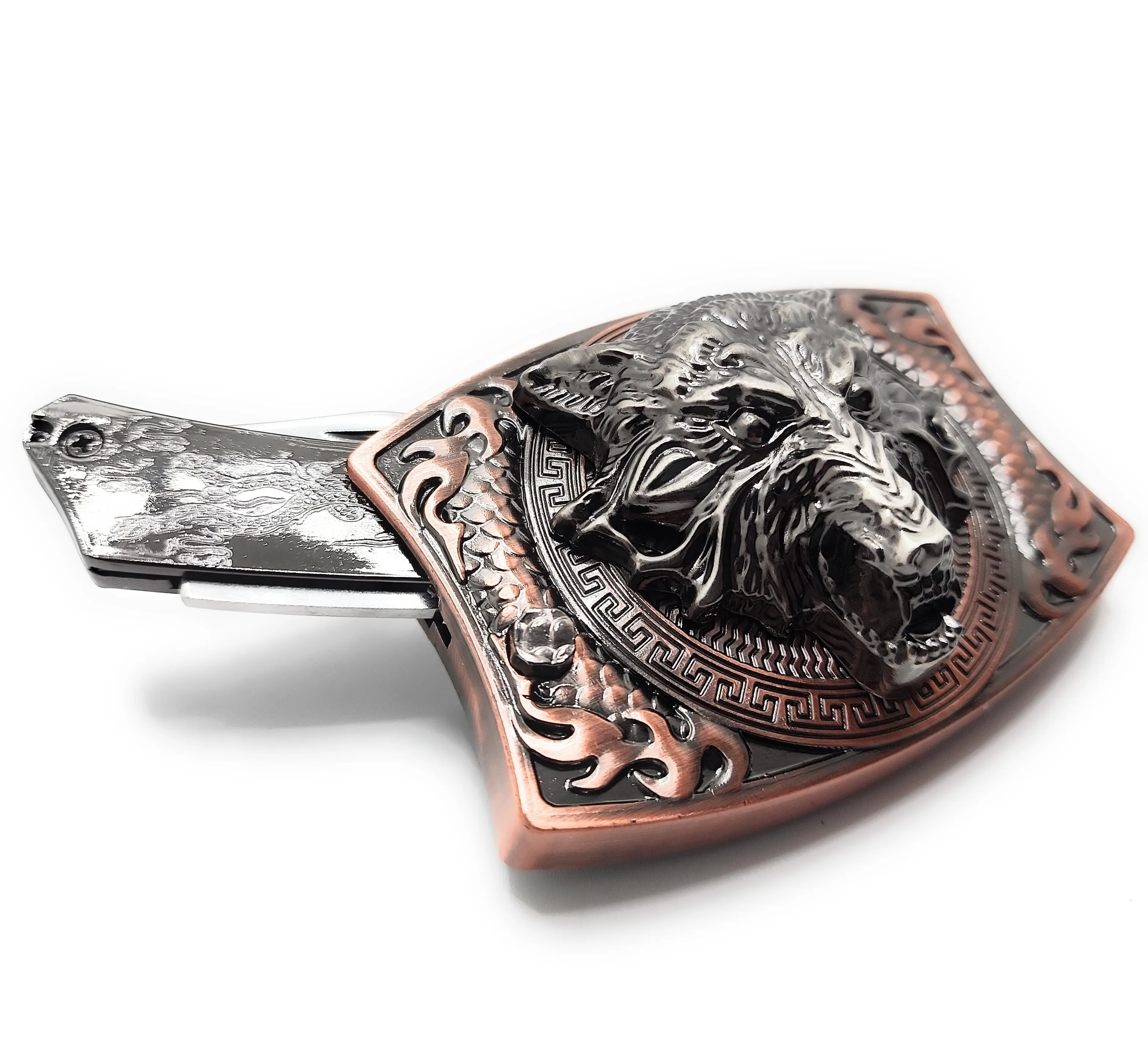 Brushed Copper Wolf Head Folding Knife Belt Buckle Push-Button-Release