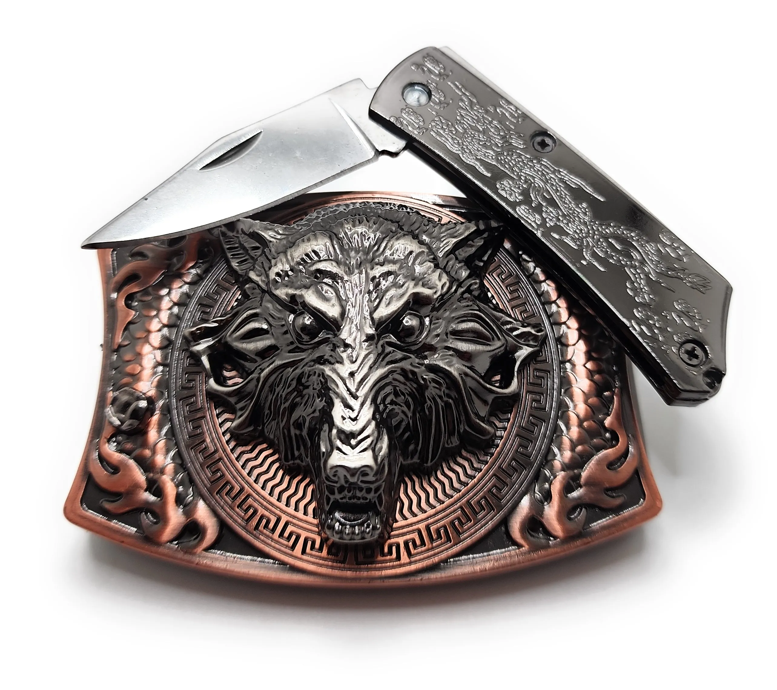 Brushed Copper Wolf Head Folding Knife Belt Buckle Push-Button-Release