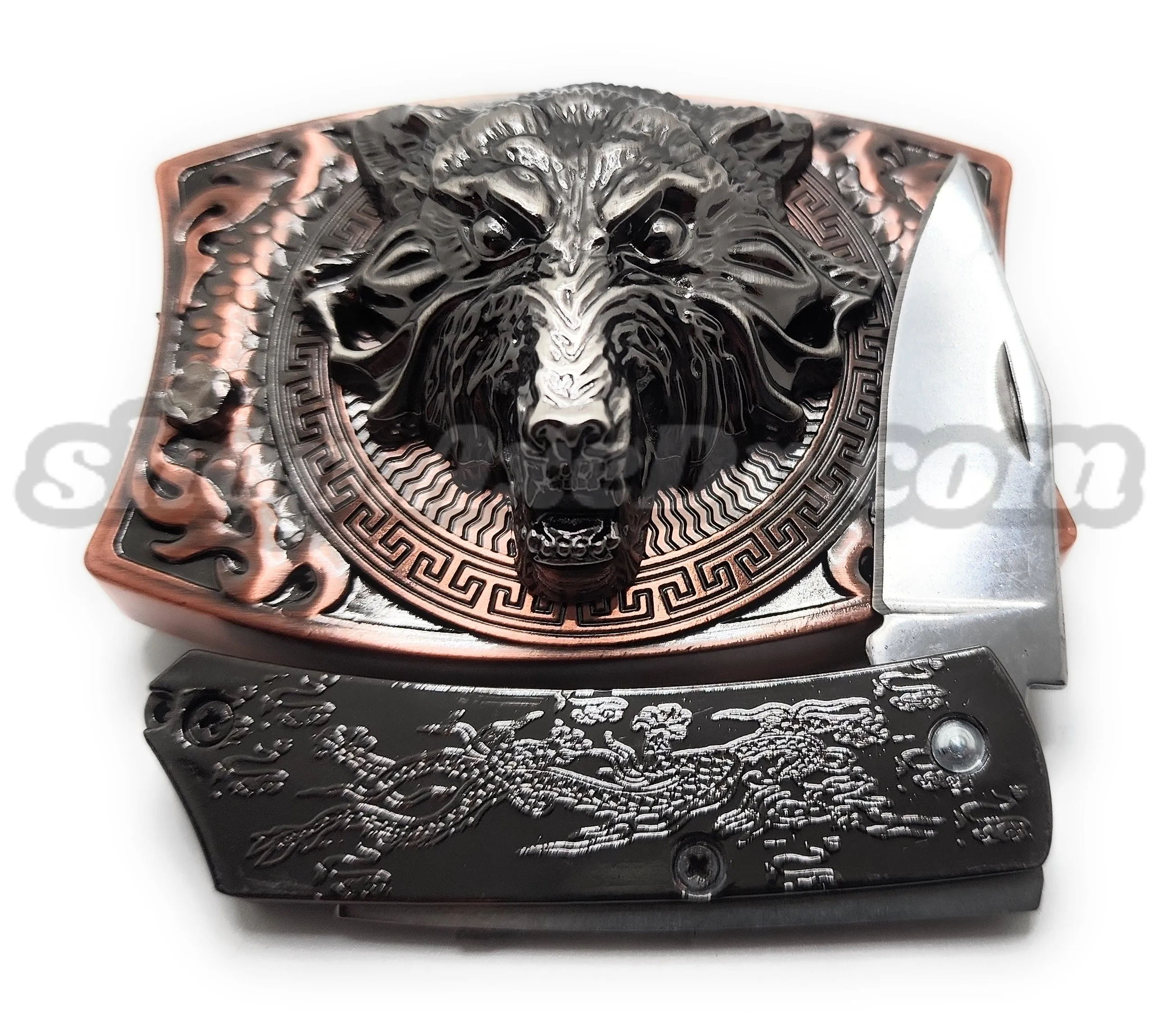Brushed Copper Wolf Head Folding Knife Belt Buckle Push-Button-Release