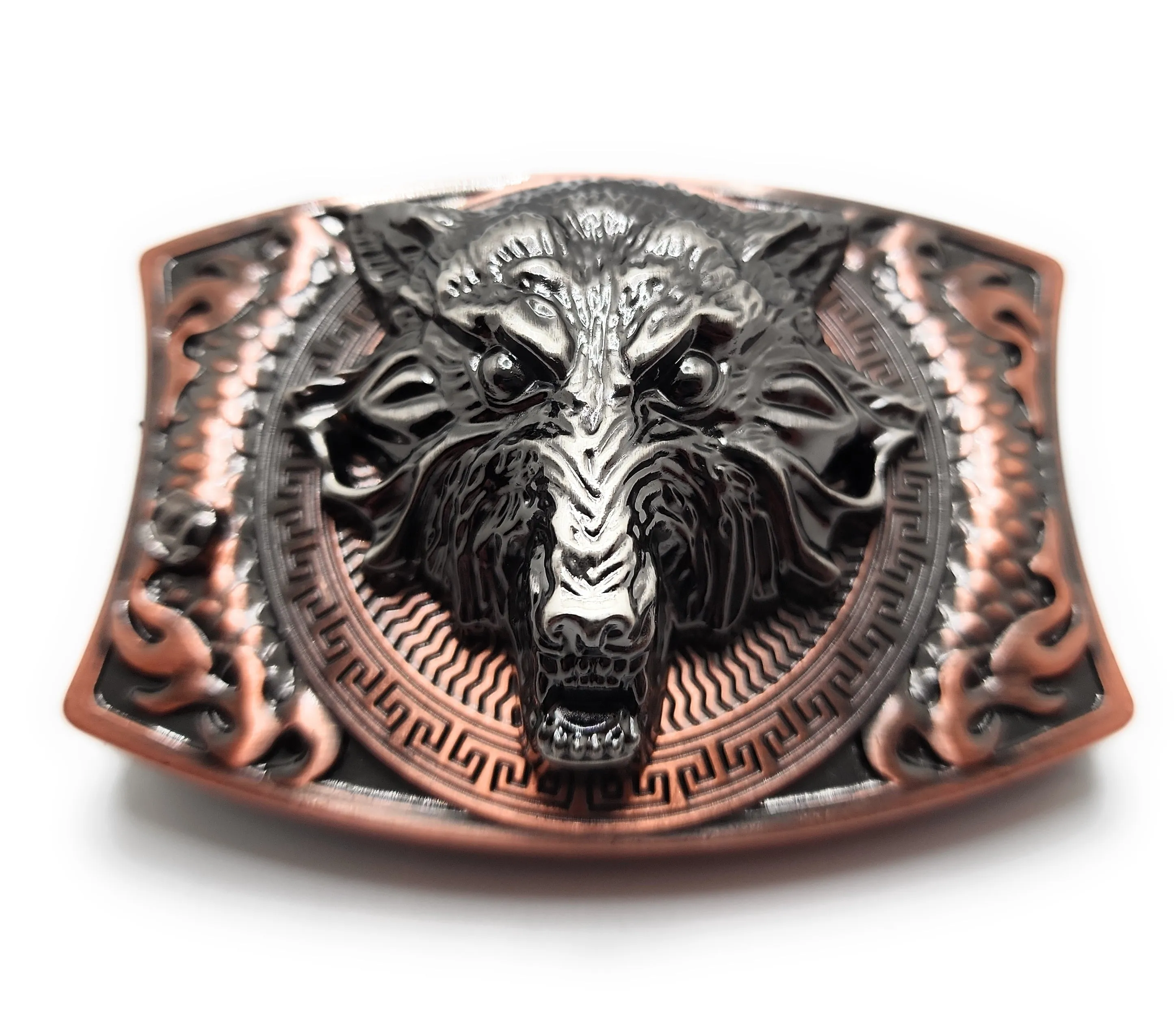 Brushed Copper Wolf Head Folding Knife Belt Buckle Push-Button-Release