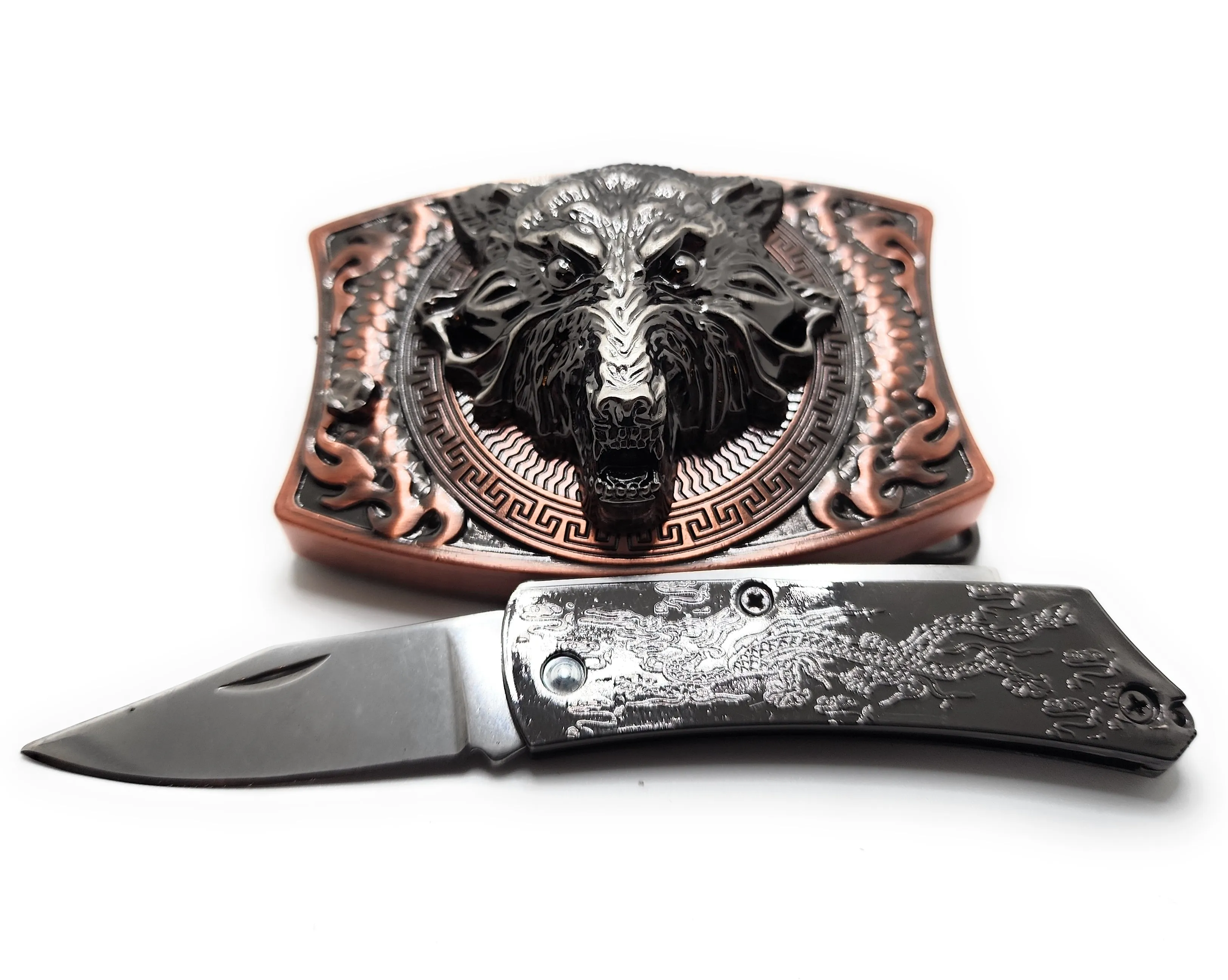 Brushed Copper Wolf Head Folding Knife Belt Buckle Push-Button-Release