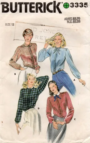 Butterick 3335 Womens Classic Blouses 1970s Vintage Sewing Pattern Size 12 Bust 34 inches