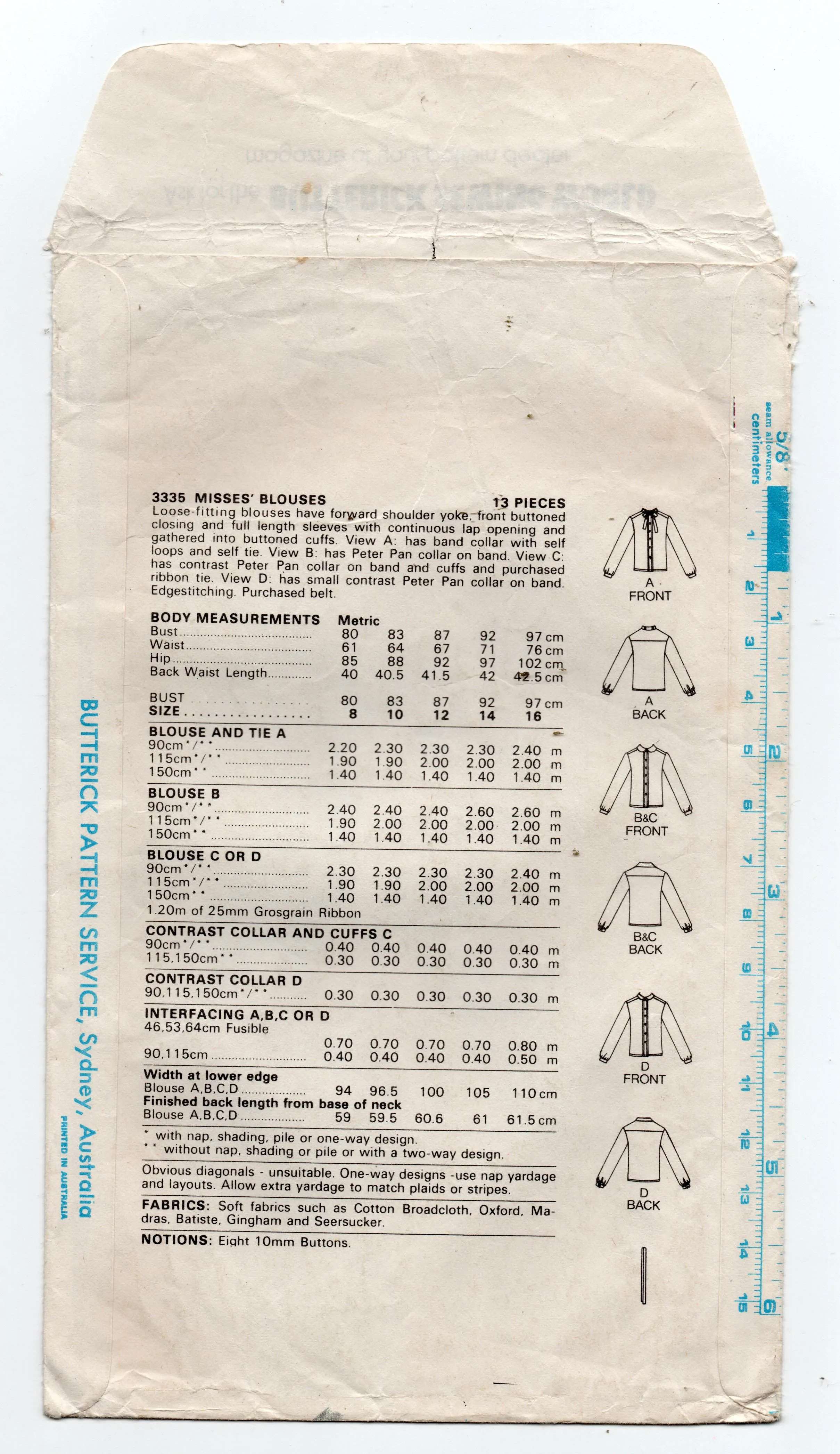 Butterick 3335 Womens Classic Blouses 1970s Vintage Sewing Pattern Size 12 Bust 34 inches