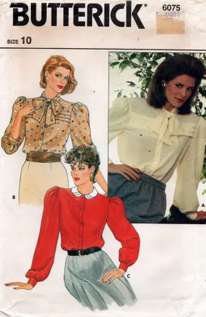 Butterick 6075 Womens Puffy Sleeved Blouse in 3 Styles 1980s Vintage Sewing Pattern Size 10 Bust 32 1/2 inches