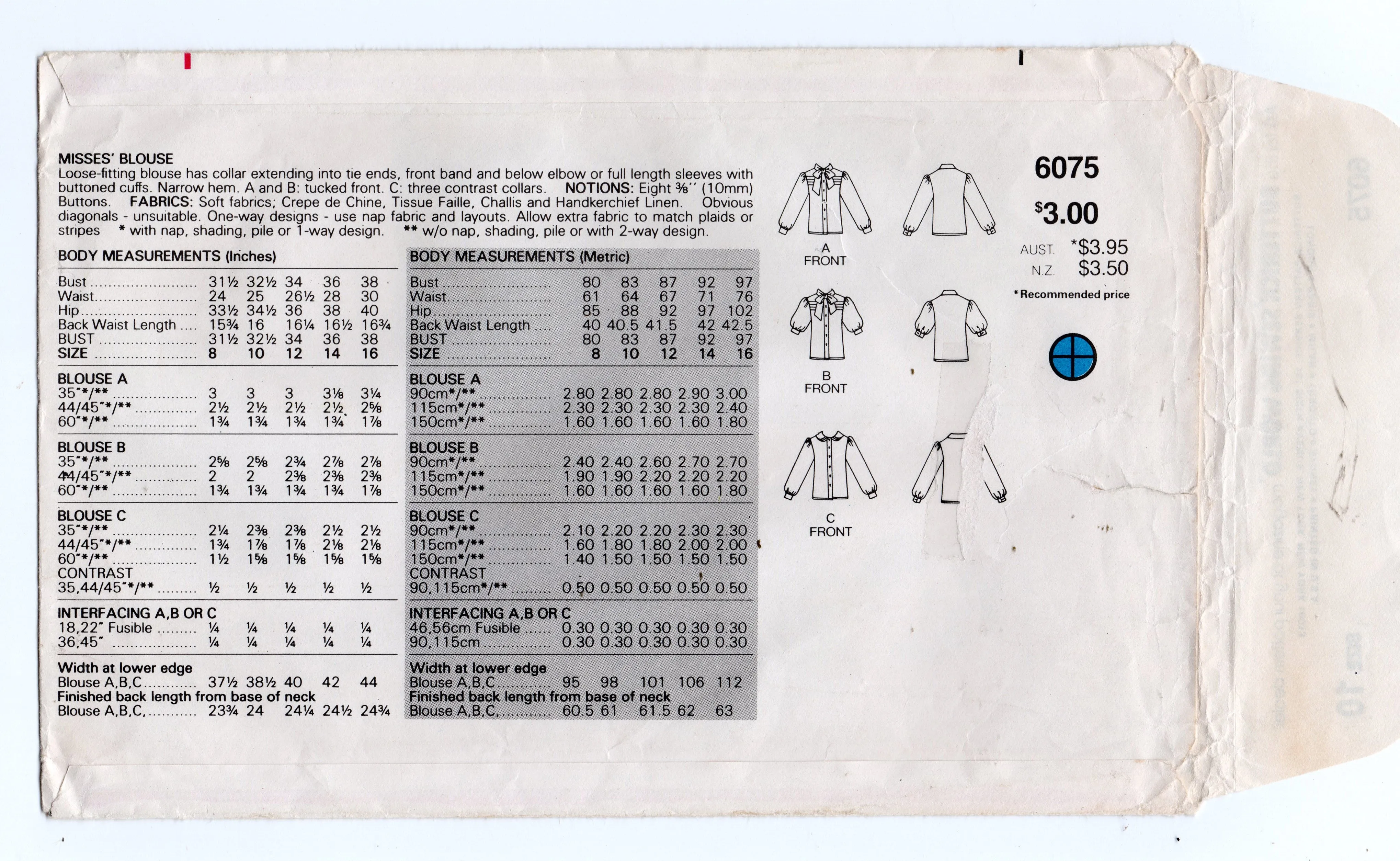 Butterick 6075 Womens Puffy Sleeved Blouse in 3 Styles 1980s Vintage Sewing Pattern Size 10 Bust 32 1/2 inches