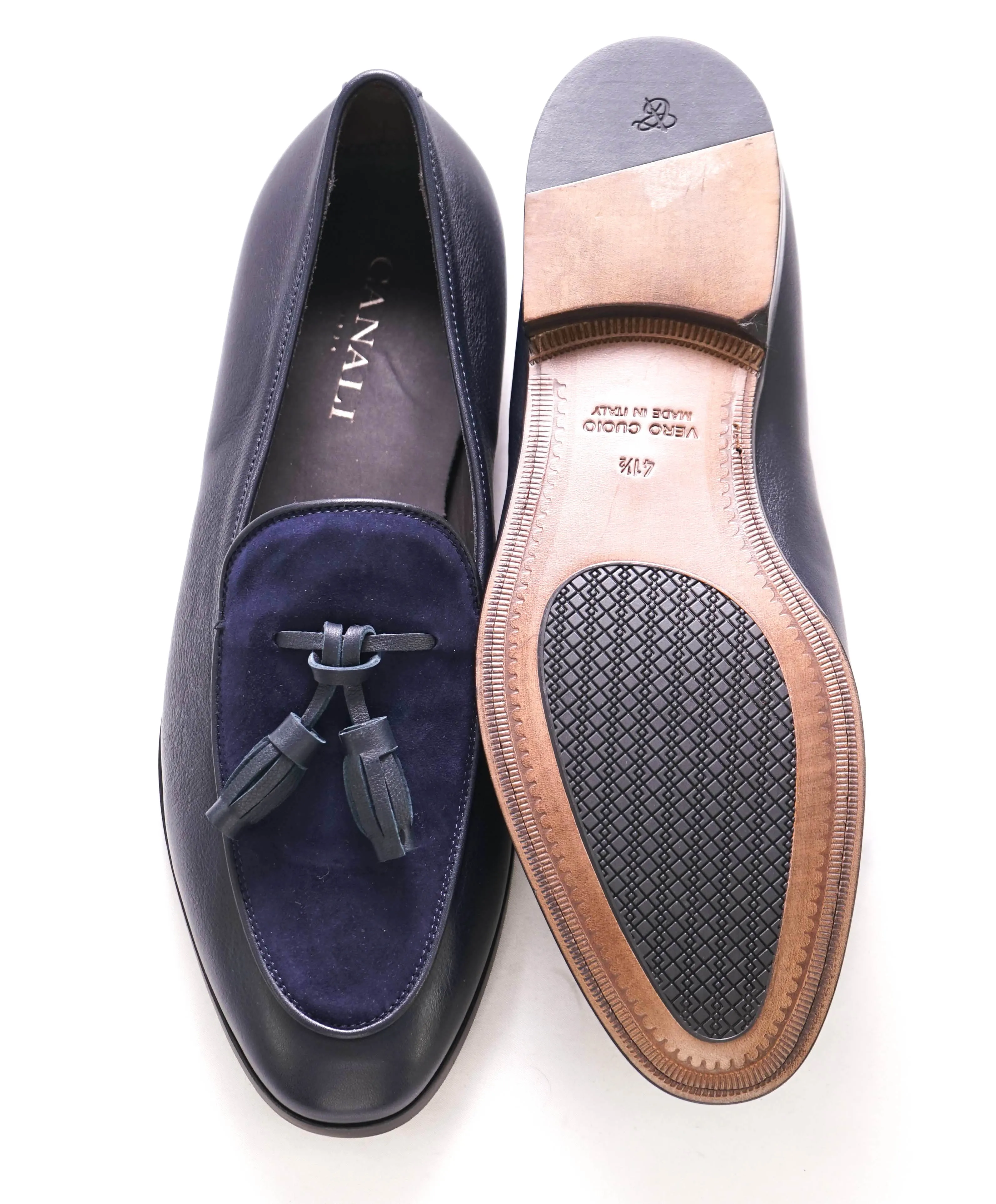 CANALI -  Hand Stitched SUEDE/LEATHER Navy Blue Tassel Loafers - 8.5 US