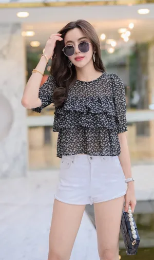 CASSIDY Ruffled-Front Chiffon Top (Black)