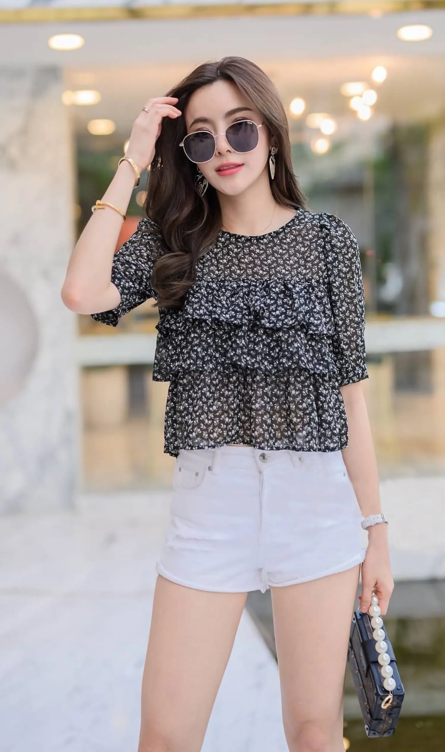CASSIDY Ruffled-Front Chiffon Top (Black)