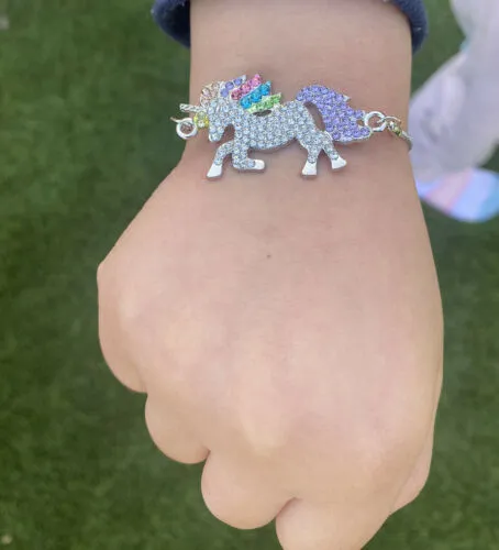 Children's Bracelets:  Adjustable Steel Unicorn Bracelets with Rainbow Crystals