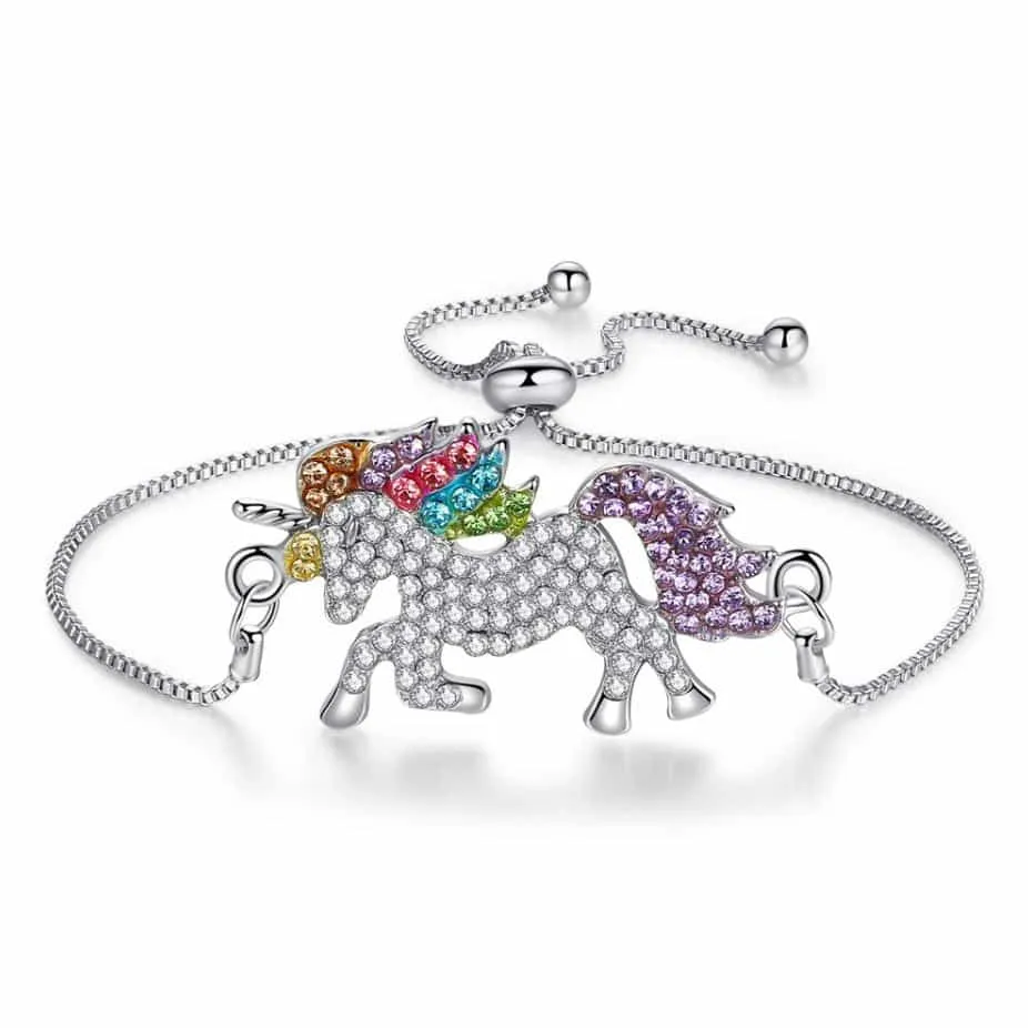 Children's Bracelets:  Adjustable Steel Unicorn Bracelets with Rainbow Crystals