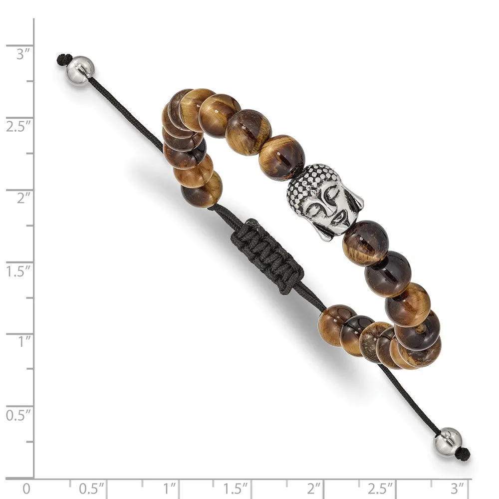 Chisel Stainless Steel Antiqued and Polished Tiger's Eye Buddha Black Macrame Adjustable Bracelet