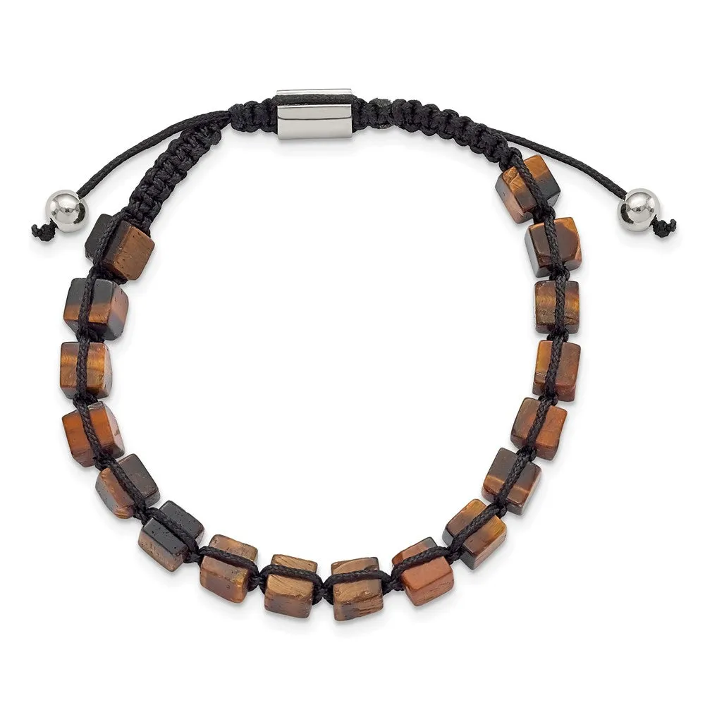 Chisel Stainless Steel Polished with Tiger's Eye Black Macrame Adjustable Bracelet