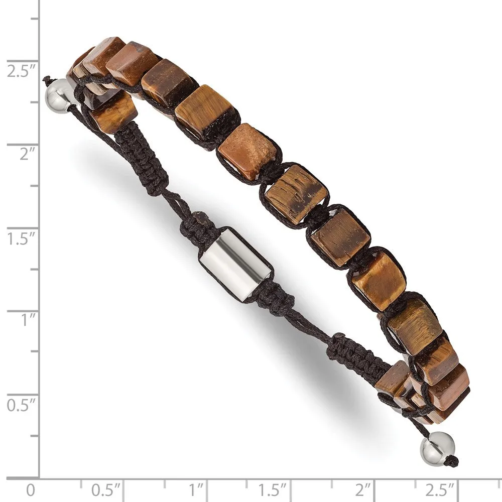 Chisel Stainless Steel Polished with Tiger's Eye Black Macrame Adjustable Bracelet