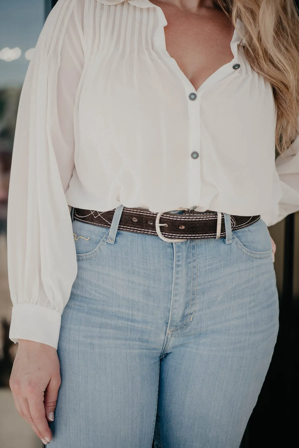 Chocolate Brown Suede Figure 8 Belt by Double J (1 1/2")