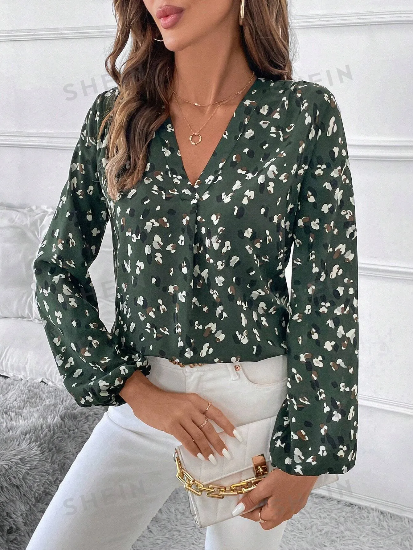Clasi Women's V-Neck Long Sleeve All-Over Print Blouse
