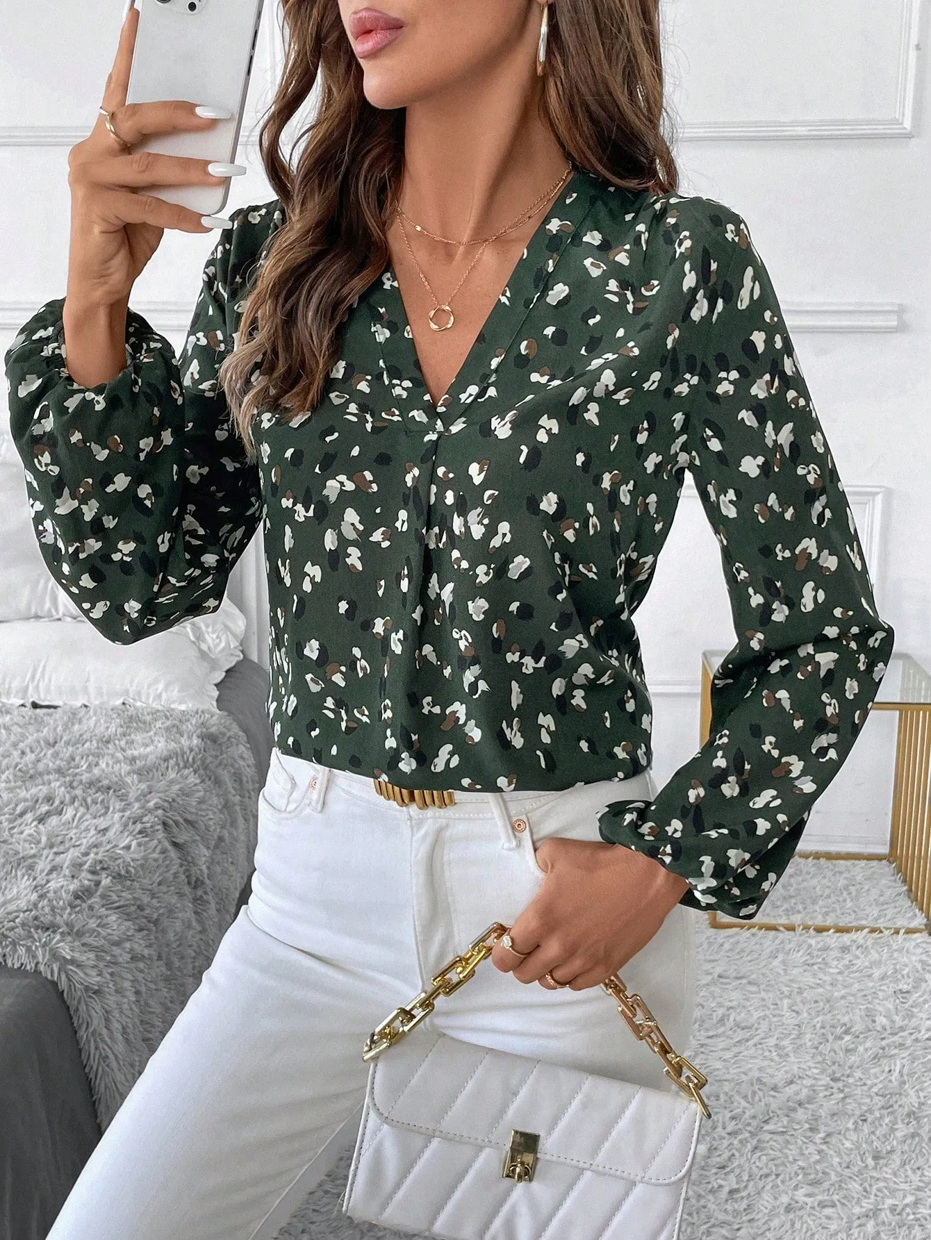 Clasi Women's V-Neck Long Sleeve All-Over Print Blouse