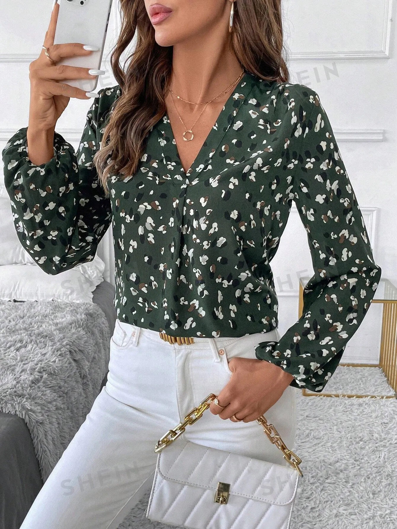 Clasi Women's V-Neck Long Sleeve All-Over Print Blouse