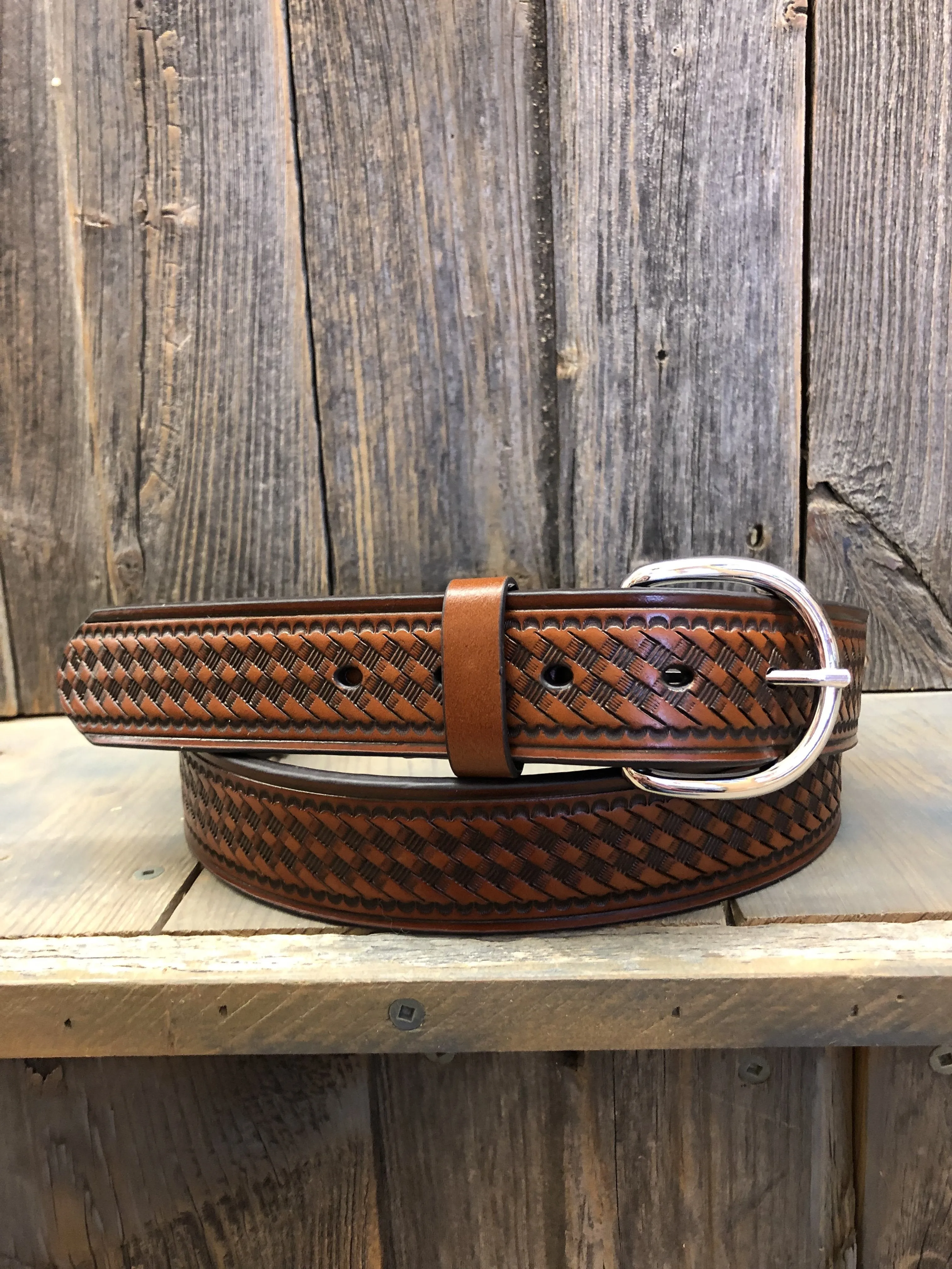 CLN2610402-48-Brown Belt 1 1/2" Basket Stamp - Hired Hand
